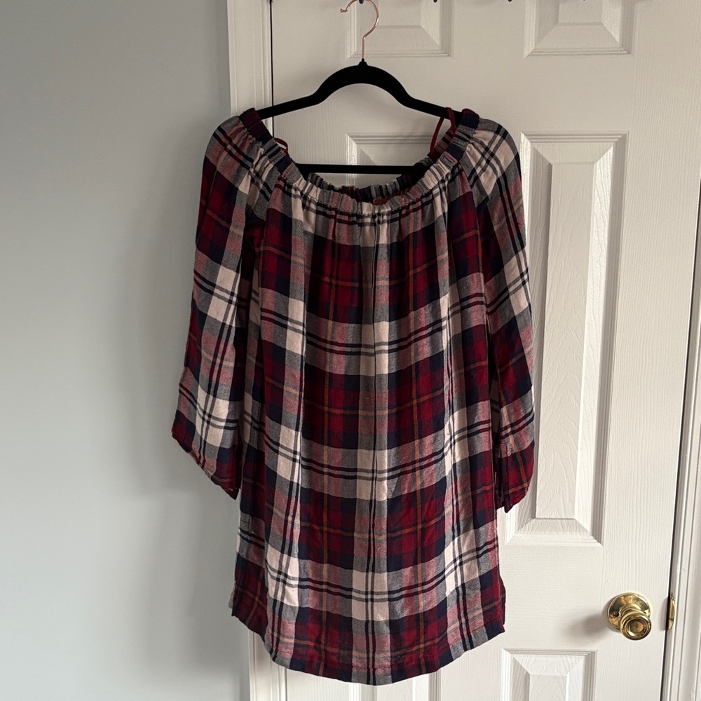 Anthropologie Cloth and Stone Off the Shoulder Plaid Long Sleeve Dress Size XS